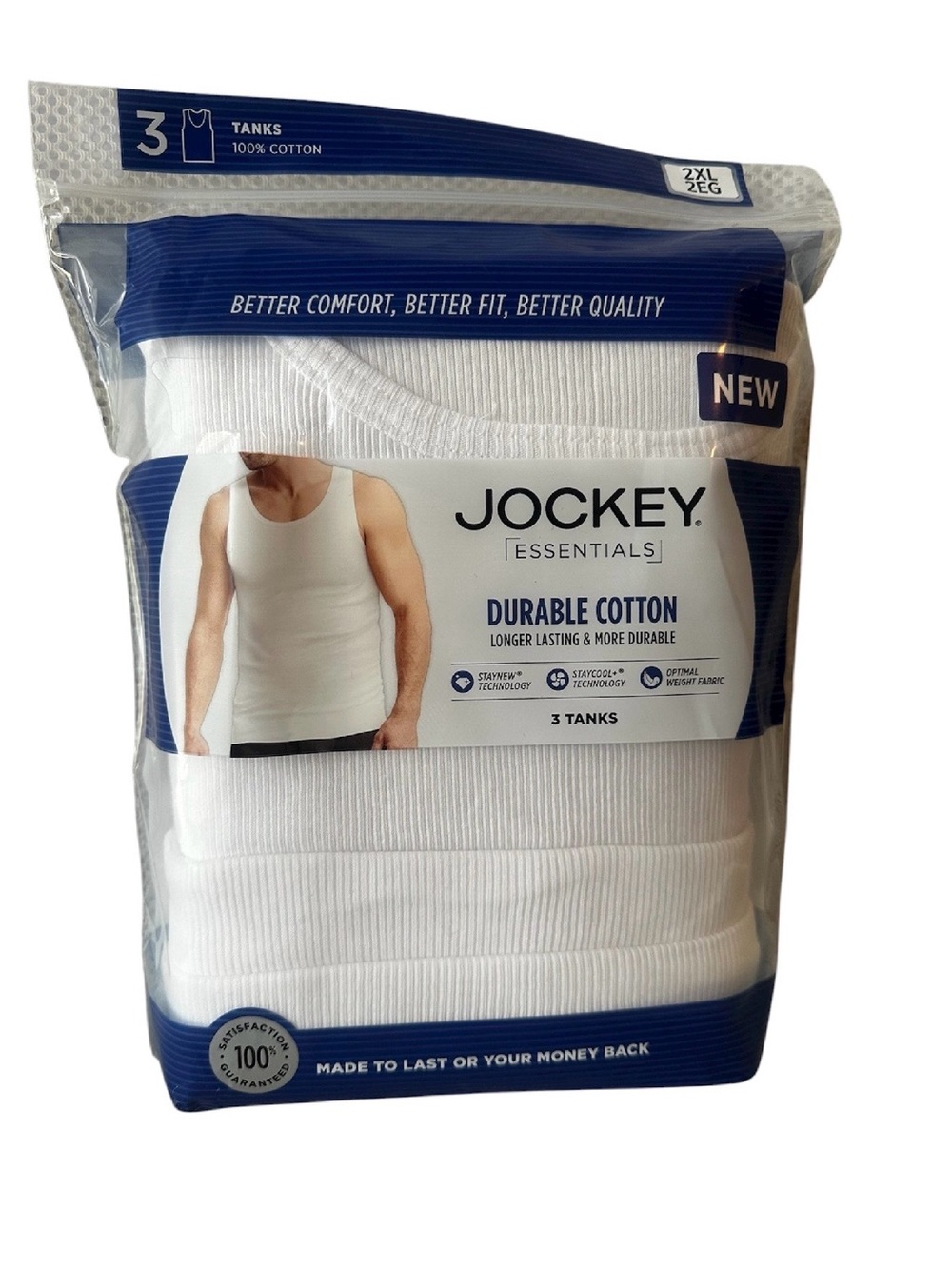 Jockey Essentials Men's White Durable Cotton Tank Top - 3 Pack